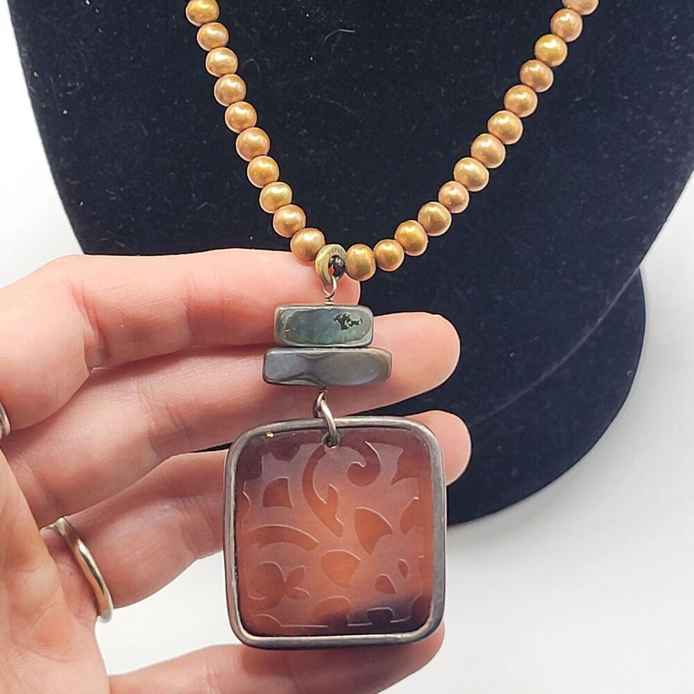 Silpada Gold Pearl, Abalone, Silver Brown Glass Pendant 90s Bohemian 18.5in